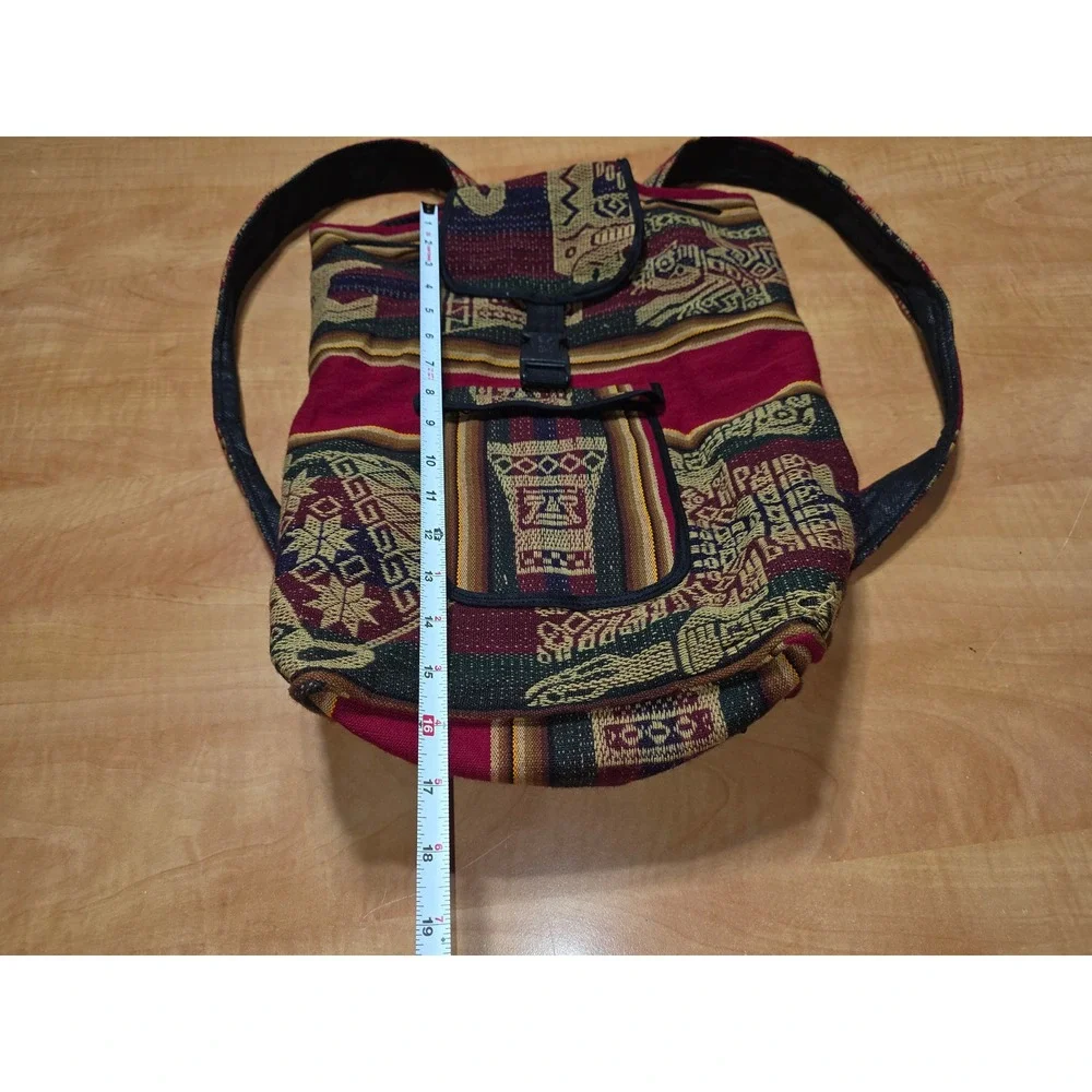 Vintage Andean Woven Tapestry Backpack Burgundy Geometric Tribal Boho Daypack